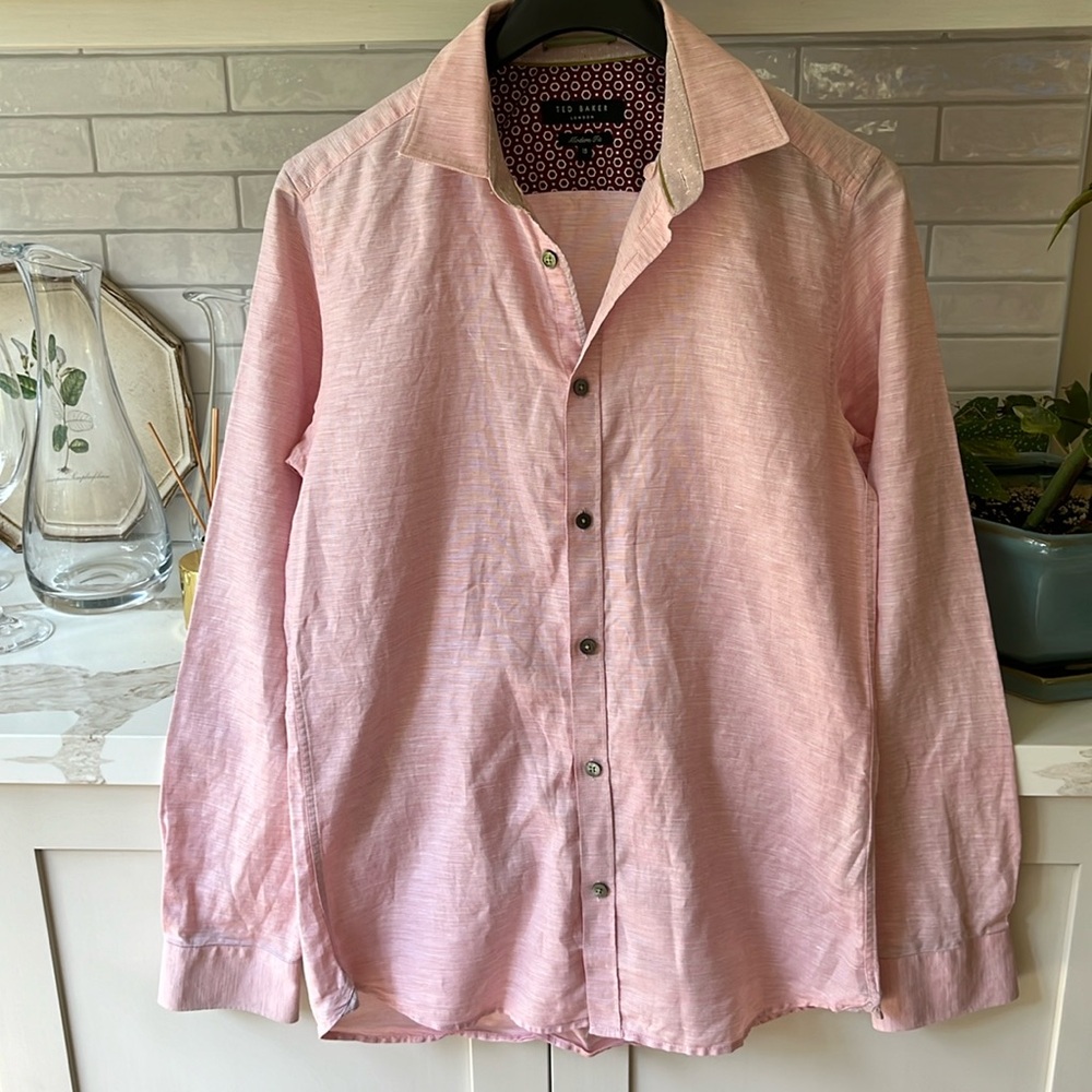 EUC Ted Baker linen blend button front light pink modern fit shirt